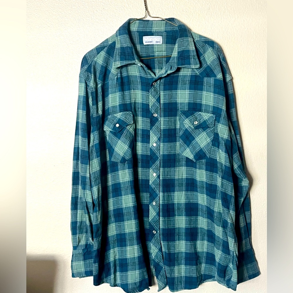 Vintage Wrangler Wrancher Blue and Green Plaid Button-Up Shirt king size western